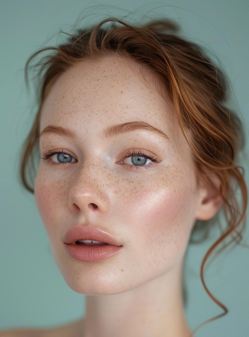Woman with freckles and blue eyes against a light green background